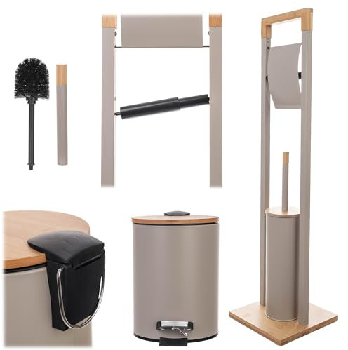 KADAX Toilettenpapierhalter mit integrierter WC-Bürste und Kosmetikeimer, Klopapierhalter Stehend mit Toilettenbürste, Toilettenpapierständer (Beige)