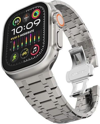 OBAEHH Correa de acero inoxidable para Apple Watch Ultra 2 Band 49 mm 45 mm 44 mm 42 mm, correa de metal con cierre plegable para Apple Watch Series 9 8 7 6 5 4 3 2 1 Ultra/Ultra 2 Men(AP-Titanium)