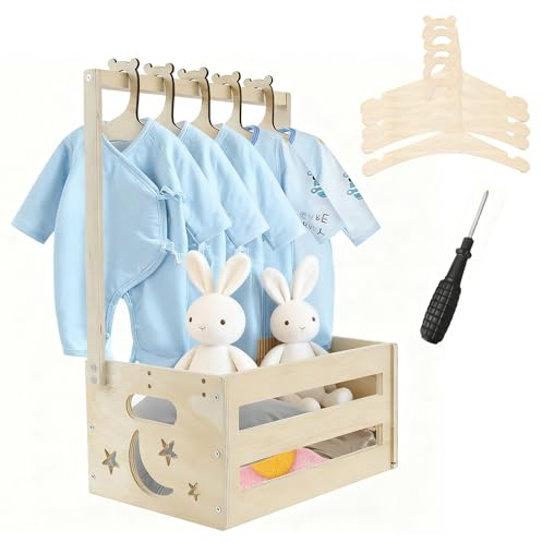 Holz Babyparty Geschenk, Babykorb mit Griff, 34x23x51cm, Korb Kleiderschrank Baby Aufbewahrungskorb mit 5 Kleiderbügel, für Geburtstage Weihnachten Neue Eltern