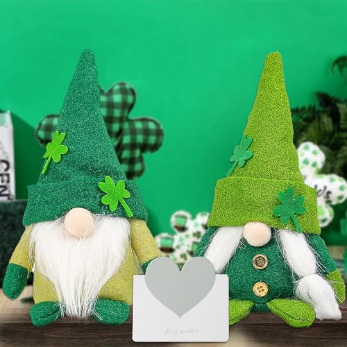 Hojalis 2 Stück Niedliche Wichtel Frühling Deko, Plüsch Osterwichtel, St. Patrick's Day Wichtel mit Herz Karte, Deko Frühling Wichtel Figuren, Kleeblatt Zwerg Plüsch Puppe für Valentinstag, Muttertag