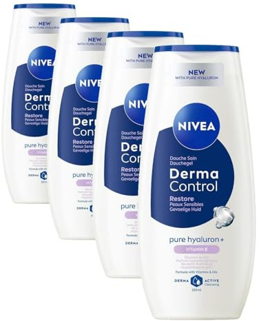 NIVEA - Gel Douche Corps Derma Control Restore - Douceur & Soin - Enrichi En Acide Hyaluronique Pur & Vitamine E - Parfum Hypoallergénique - pH Neutre - Peaux Sensibles - 250 ml (Lot de 4)