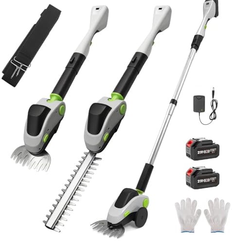 HumiLuft Akku Heckenschere mit Teleskopstiel und Rollen, 4-in-1 Elektro-Teleskop-Astschere & Grasschere mit Leistungsdisplay und 2x21V Akkus, Aluminiumlegierung, Max 1,73m, 110° Verstellbarer Kopf