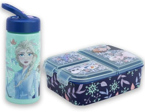 MARUKATSU Frozen Set Sandwichera Infantil con Compartimentos y Botella 410ml para Niños y Niñas | Fiambrera Escolar + Botella Reutilizable |
