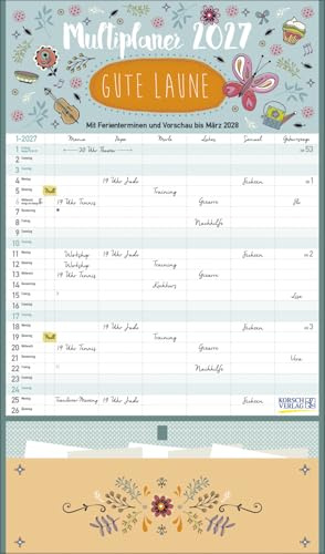 Gute Laune - Familienplaner 2027 mit Zetteltasche - Korsch-Verlag - Kalender mit 6 Spalten zum Eintragen - 27 cm x 46 cm