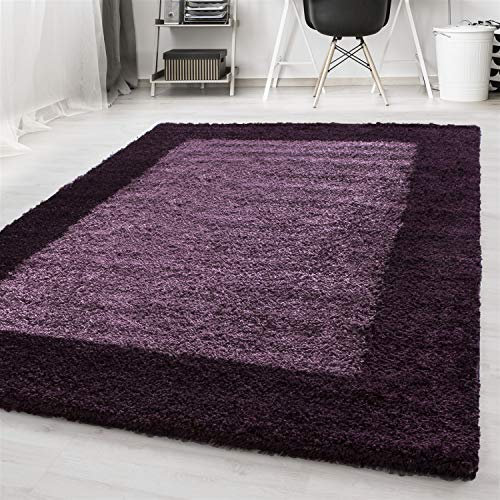 Ayyildiz Teppich-Hochflor Shaggy Teppich Bordüre Muster Wohnzimmer, Polypropylen, Lila, 80 X 250