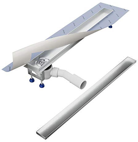 Aquabad Duschrinne SDS Pro 120 cm, gebürtseter Edelstahl inkl. Haarsieb, Abgang seitlich waagerecht, befliesbare Mulde, linearer Bodenablauf, Komplettset