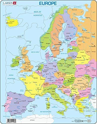 Larsen Puzzles A8 Europa Politische Karte – Französisch Edition | Lernpuzzle für Kinder ab 4 Jahren | 37 Teile Rahmenpuzzle zum Geografie Lernen