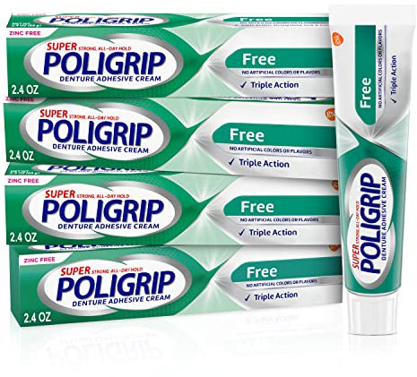 Super Poligrip Lot de 4 crèmes adhésives pour prothèses dentaires et partielles sans zinc 68 g