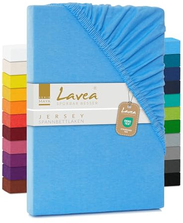 Lavea Topper Spannbettlaken, Topper Spannbetttuch, Jersey Topper Serie Maya, 200x220cm für Boxspring- und Wasserbetten, Himmelblau, 100% Baumwolle, hochwertige Verarbeitung, mit Gummizug