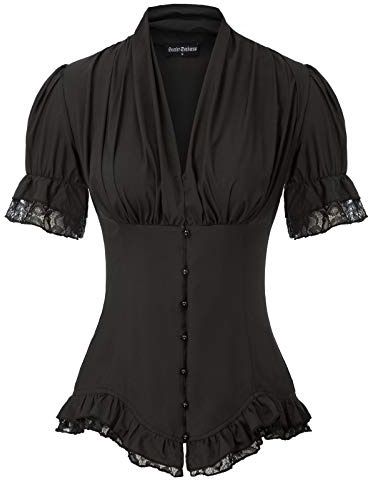 SCARLET DARKNESS Damen Rüschenbluse Mittelalter Spitzen Shirt Gothic Bluse | Kurzarm mit Rüsche, V-Ausschnitt, Schnürrücken