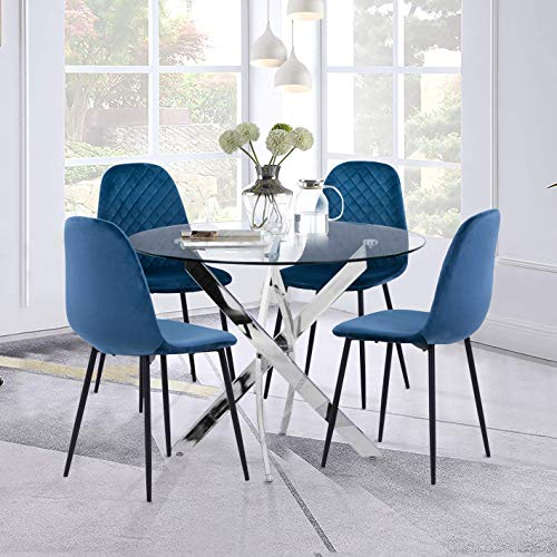 GOLDFAN Esstisch mit 4 Stühlen Moderner Esstisch Rund Glas Küchentisch Esszimmerstuhl aus Samt Küchenstuhl, 80cm, Blau