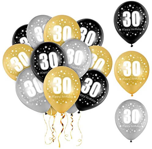 Luftballoon 30 Geburtstag, 30 Geburtstag Deko Mann Frau, Zahlenballon 30, Gold Schwarz Silber Ballon 30, 30 Stück Happy Birthday Girlande Ballon Schwarz Gold Deko