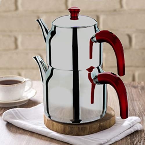 Yagmur Stainless Steel Turkish Teapot Set for Stovetop with Induction Base, 1.27 Quart (1.2L) Tea Pot and 2.33 Quart (2.2L) Tea Maker with Bakelite Handles, Samovar Style (brown handle)