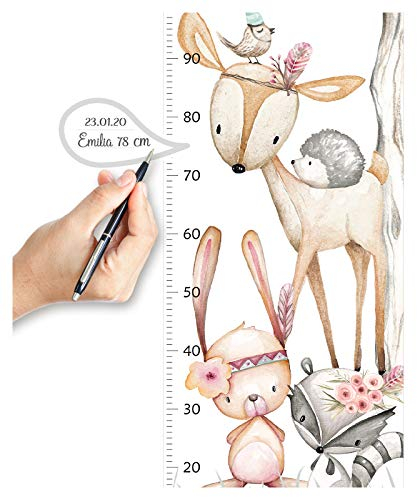 Little Deco Wandtattoo Wandsticker Kinderzimmer Mädchen Messlatte | 150 cm REH Hase Waschbär Igel | Waldtiere Kinder Aufkleber Babyzimmer Wanddeko DL542