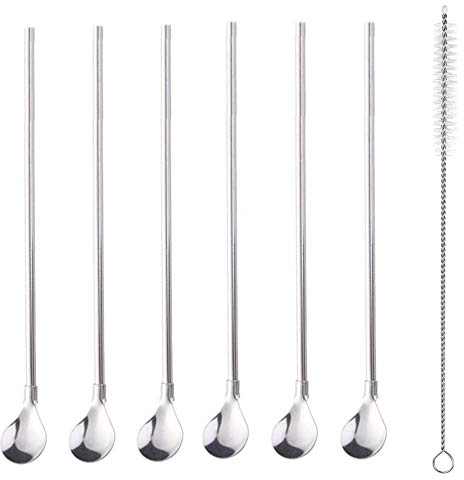 Falytemow Cucchiaio riutilizzabile in acciaio inossidabile Cannucce Cucchiaio e Spazzola lunga di pulizia cannucce per bevande lisciate Milkshake Ice Cream Sundaes Argento 6 Pezzi