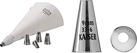 Kaiser La Forme Plus Spritzbeutel Set 7-teilig, wiederverwendbarer Spritzbeutel groß mit Tüllen, Adapter, 5 Spritztüllen, Kochfest & 9 mm, Spritztülle, Edelstahl rostfrei, falz- und randfrei
