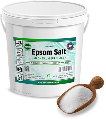 Grow Chem Natural Epsom Salts (10KG Bucket) –Pure Food Grade Magnesium Sulphate Mineral, 100% Natural Salts Mined in Germany - for Health, Detoxification, Muscle Relief, Exfoliating & Gardening