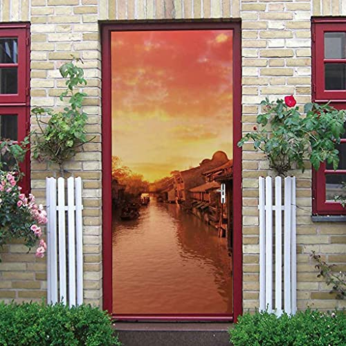 CBWRAW Türtapete Türposter Foto 3D Türaufkleber Für Wohnzimmer Erwachsene Schlafzimmer Badezimmer Antike Stadtlandschaft PVC Abnehmbare Selbstklebende wasserdichte Wandbild Dekoration 77x200cm