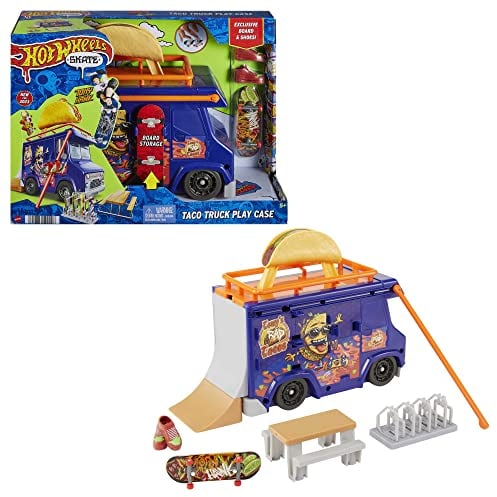 Hot Wheels Skate Taco-Truck Spielkoffer - Mit herausziehbarem Geländer für Coole Skate-Tricks, inklusive exklusivem Fingerboard und abnehmbaren Skateboard-Schuhen, Kinder ab 6 Jahren, HMK00