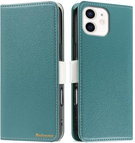 Butnyeoe Handyhülle für iPhone 12/iPhone 12 Pro Klappbar Hülle,Litschi Textur Leder Wallet Schutzhülle Tasche Flip Cover Case,Magnetic Closure Klapphülle mit Kartenfach Standfunktion,Blau Grün