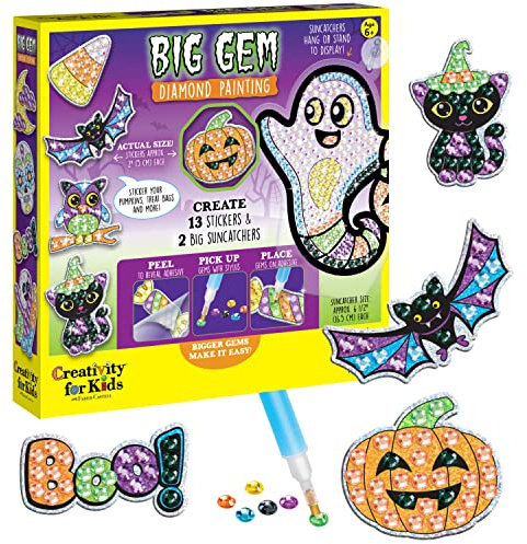 Creativity for Kids Kit de pintura de diamantes de gemas grandes, calcomanías de Halloween y atrapasueños, manualidades de Halloween para niños, actividades de Halloween y regalos para niños de 6 a 8