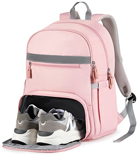 MoKo Gym Backpack, 15.6 Inch Stylish Travel Backpack with Shoe Compartment, Anti Theft Water Resistant Laptop Backpack for Women/Girls/Nurse/Teacher/Travel, Pink + Gray