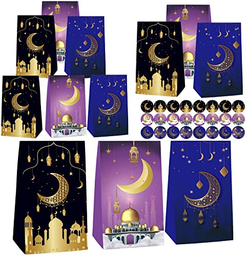 12 Stück Eid Mubarak Geschenktüten, Ramadan Papiertüten Kraftpapiertüten Kraftpapier Tüten, Muslim Süßigkeiten Tasche mit 24 Aufkleber, Eid Mubarak Candy Taschen zum Befüllen Geschenkverpackung (B)