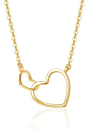 FANCIME Solide 14 Karat 585 Gold Kette Doppelte Liebe Anhänger Halskette Einfache Minimalistische Geschenk Schmuck für Damen Mädchen - Verstellbares Kette: 40 + 5 cm