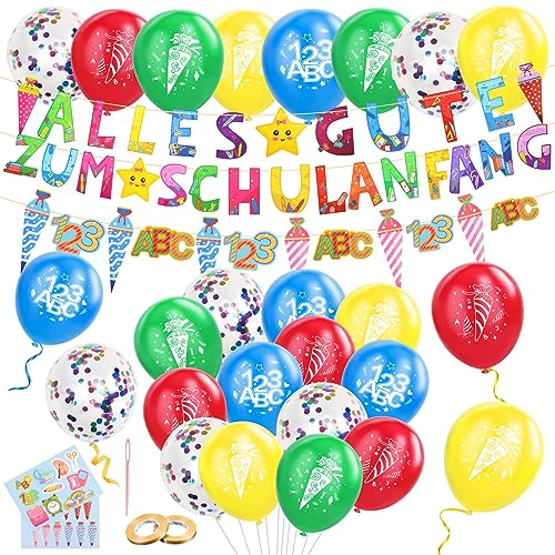 Einschulung Deko,Schulkind Deko Einschulungsdeko Junge Mädchen,Schuleinführung Deko Schulanfang Deko,Schulkind Girlande,Luftballon mit ABC,123 Motiv für Jungen Mädchen,Aufkleber Einschulung,Bunte