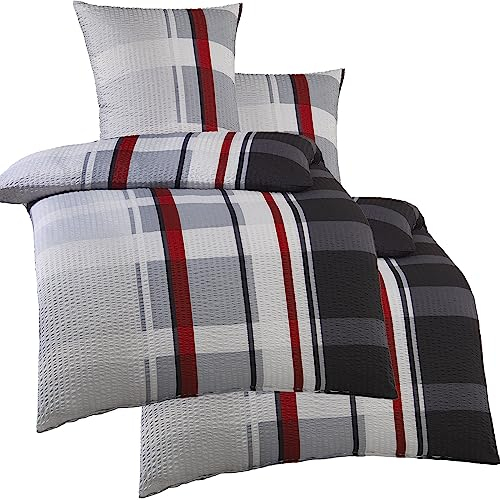 KH-Haushaltshandel 4-TLG. Seersucker Bettwäsche 2X 135x200 +80x80cm, rot schwarz, gestreift, bügelfrei (W415500)