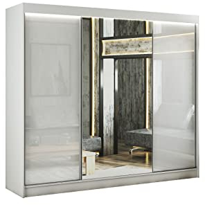 ALTDECOR Kleiderschrank mit Spiegel und Schiebetüren, kugelgelagerte Führungsschienen und Aluminium-Leisten - VESLI - 250 cm Weiß/Lacobel Weiß