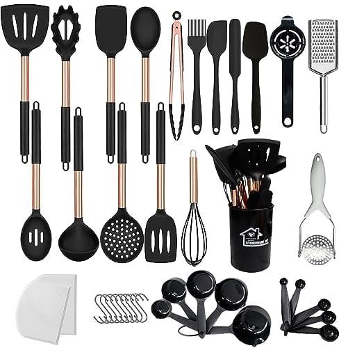 UXIYI Silicone Kitchen Utensils Set, Black Cooking Utensil Set, Spatula Set with Rose Gold Stainless Steel Handle, Kitchen Accessories, 40PCS