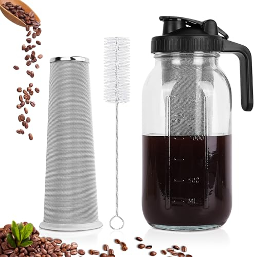Cafetera de infusión fría, jarra de boca ancha de 64 onzas con filtro de acero inoxidable, tapa de mango de boquilla de vertido, jarra de vidrio resistente hermética y a prueba de fugas para café