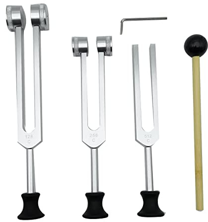 Erpmlyo Stimmgabel (128 Hz, 256 Hz, 512 Hz) mit Hammer für Vibrationswerkzeug mit Basis, silberfarben, 4 Stück