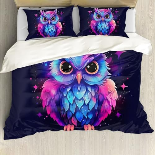 ZFRXIGN Eulen-Bettwäsche-Set für Schlafzimmer, dekorative Galaxie-Tagesdecke, Bettüberwurf, Doppelbett (1 Bettbezug, 2 Kissenbezüge), Tier, Kinder-Bettwäsche, Dekorationen, lila, blau