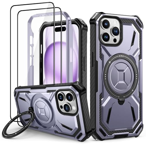 Lanhiem für iPhone 15 Pro Hülle, 360° Ring Ständer, Stoßfest Armor, Lila | mit 2 Stück Schutzfolie, Robust Bumper Schutzhülle, Militärischer Panzerhülle, Kratzfest Handyhülle für iPhone 15 Pro Case
