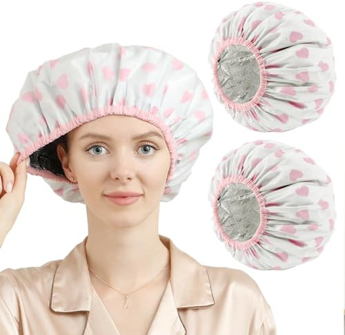 YIZIJIZI 2 Pieces Heat Cap for Deep Conditioning, Conditioning Cap Made of Aluminum Foil for Home and Salon Use, Hair Dyeing（White pink）