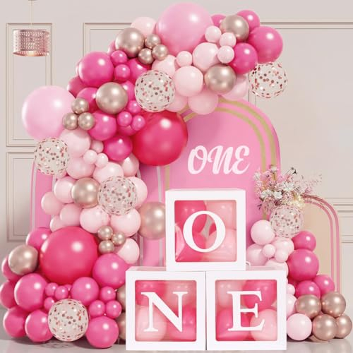 Geburtstagsdeko Mädchen 1 Jahr, 104 Stück Luftballon Girlande Rosa Mit One Ballonbox,Ballon Girlande Rosa,Luftballons Geburtstag Für 1. Geburtstag Mädchen Deko