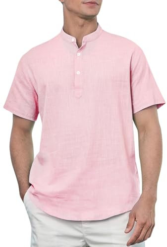 Enlision Chemise Lin Homme Manches Courtes Rose Clair Chemises Col Mao pour Hommes Été Leger Chemisette de Plage Classique Décontractée Henley Tee Shirt Coupe Ample Couleur Unie Haut M