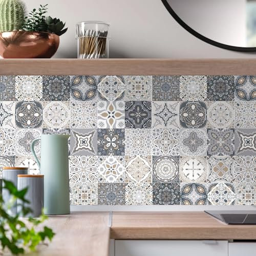 Tile Stickers for Kitchen Bathroom 15x15cm Moroccan Vintage Stick on Tiles Self Adhesive Floor Wall Stickers Vinyl Waterproof Oil Proof DIY 24pcs