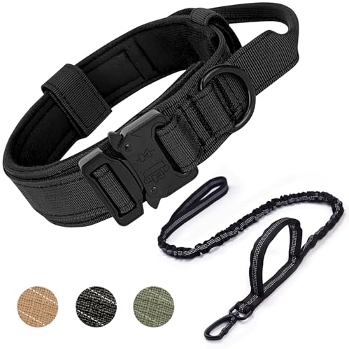 Ledeak Taktisches Hundehalsband, Verstellbares Militär-Hundehalsband mit Kommandogriff, Training Metallschnalle Nylon Verstellbar Hundehalsband für Hunde (XL, Hundehalsband + Hundeleine Schwarz)