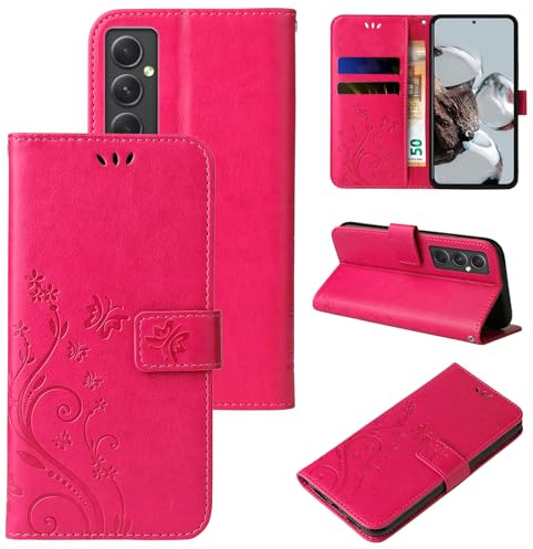 LBH Handy Hülle für Samsung Galaxy A55 5G Case Handytasche Schmetterling Blumen Flower Standfunktion Schutzhülle Magnet Rundum Schutz 360 Grad Flipcase Cover Pink