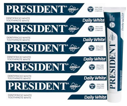 President Set mit 5 Zahnbürsten mit weißer Wirkung, Whitening, Anti-Plaque, Zahnsteinschutz und Anti-Vergilbung der Zähne. Erfrischend mit Piemonteser Minzaroma. RDA 85. 5 x 75 ml