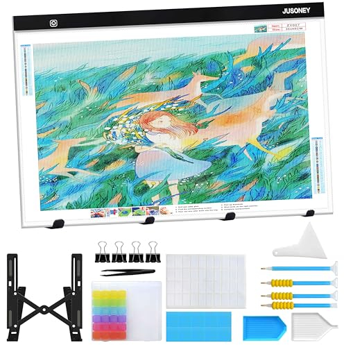JUSONEY Leuchttisch A2 für diamond painting, Diamond Painting Zubehör Dimmbare Light Pad für Zeichnen Skizzieren Animation Leuchttisch Kinder Erwachsene Diamond Painting Set mit Stift Boxen Ständer
