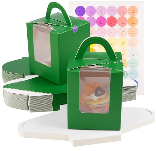 KEYIDO 30 Pcs Individual Cupcake Boxes Green Single Cupcake Boxes 1 Hole Cake Box with Clear Window Inserts and 2 Sheets of Stickers for Wedding Birthday Party Favors