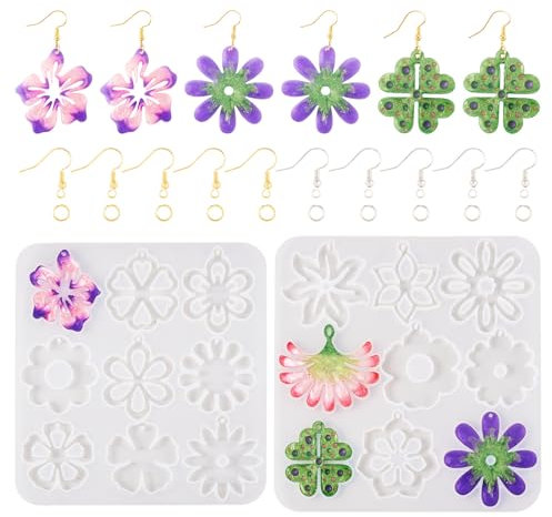 PandaHall 2pcs Flower Resin Mould Floral Clover Pendant Silicone Molds with Earring Hooks Jump Rings for Epoxy Casting Crafts Jewellery Making