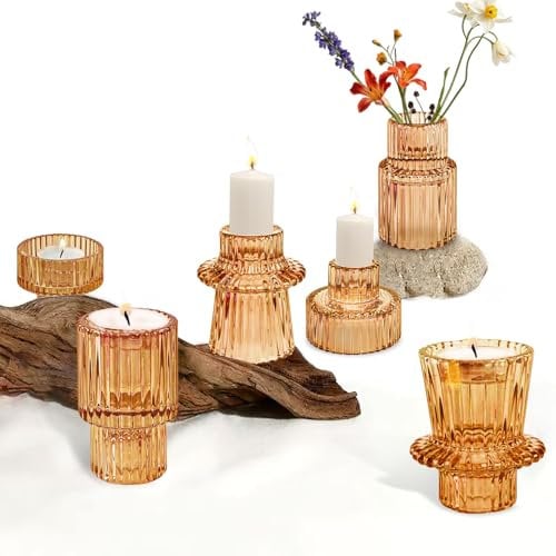 3er Windlicht Glas Set,2-in-1 Bernstein Teelichthalter Kerzenständer,Kerzenhalter Stabkerze Votivkerzenhalter für Deko Wohnzimmer,Teelicht Weihnachten Tischdeko,Hochzeitsessen,Partylite