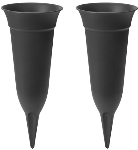 simpa Set of 2 Spiked Grave Flower Vases 26cm in Anthracite Grey. Memorial Vases, Graveside Flower Decoration Holders.