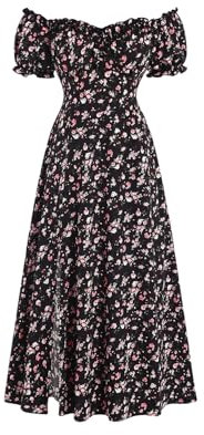 GORGLITTER Women's Floral Off Shoulder Puff Sleeve Dresses A Line Flowy Slit Smocked Midi Dress Black M