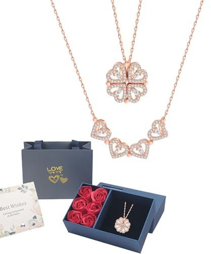 Lucky Heart Four Clover Necklace,Folding Heart Shaped Four Leaf Clover Necklace,Adjustable 2 in 1 Four Leaf Clover Charm Lucky Necklace,Two Ways To Wear, with Rose Gift Box and Card (Gold)